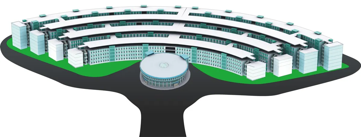 Aerial render of a circular institutional campus