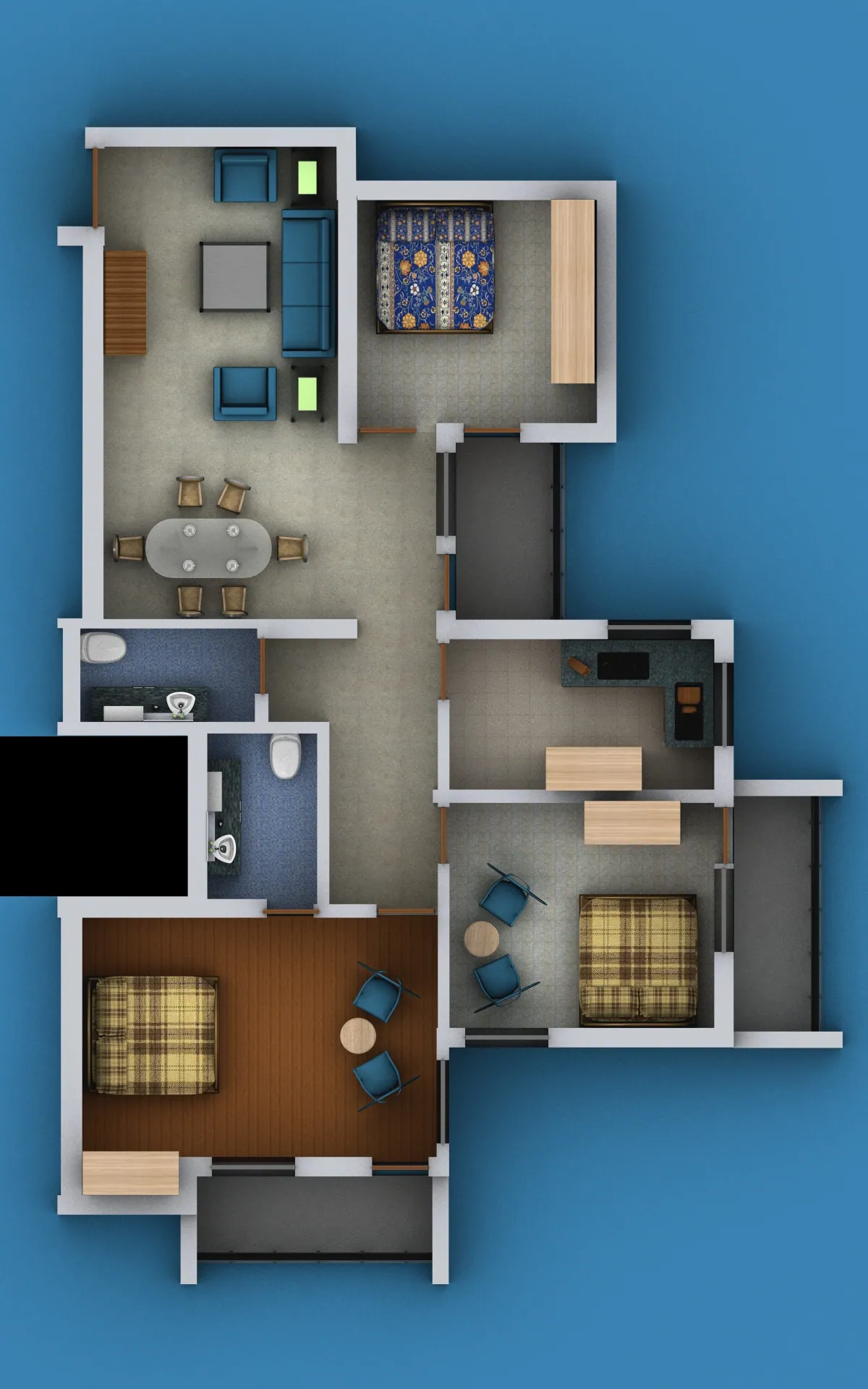 3D cutaway floor plan of an apartment