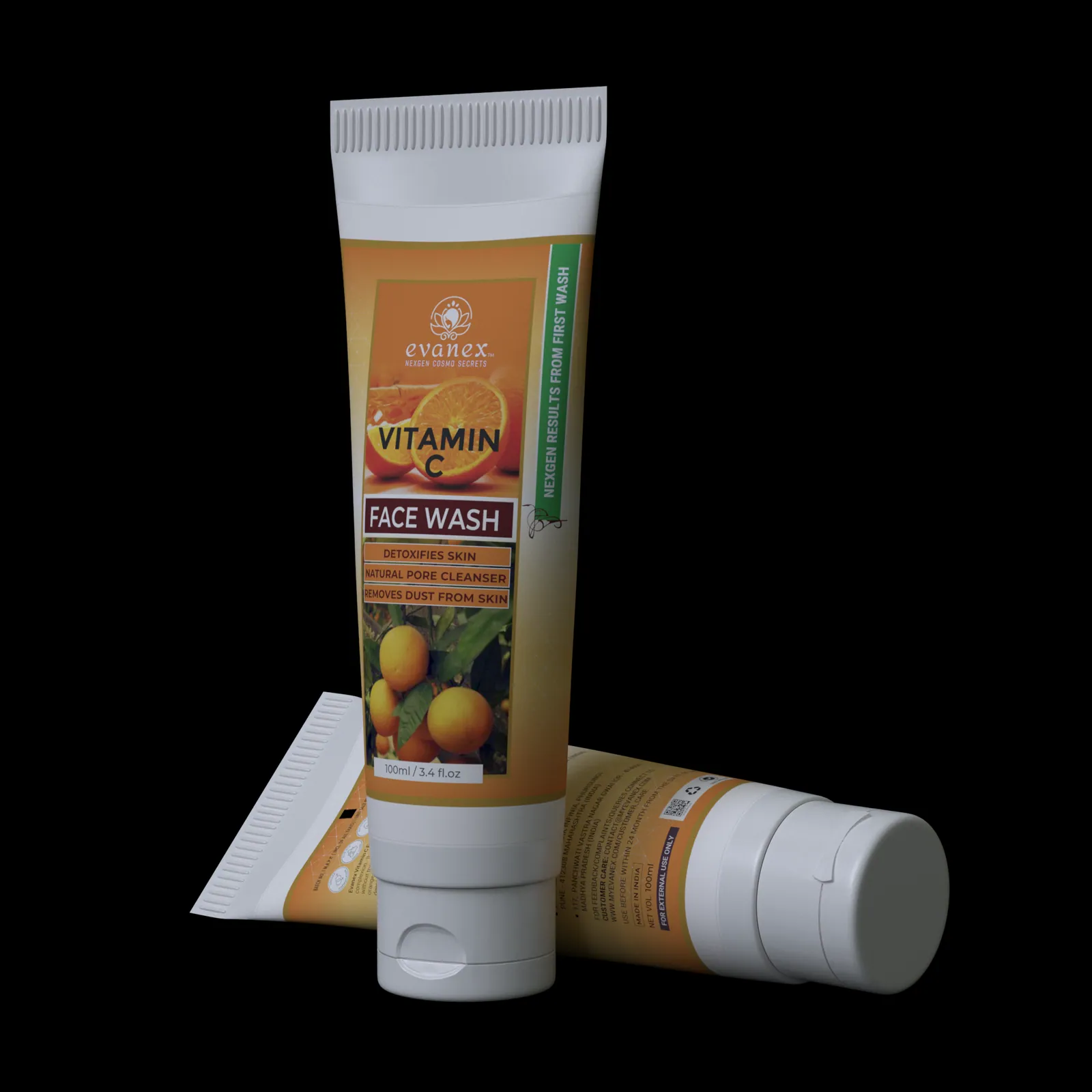 Face-wash tubes rendered on a black background