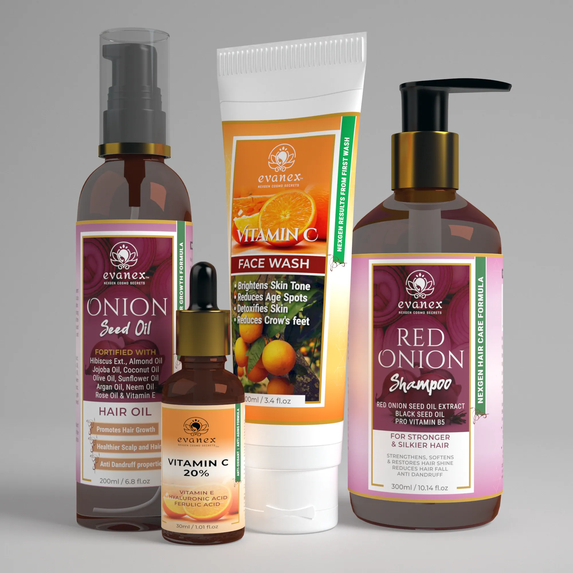Photoreal 3D render of the Evanex cosmetics range